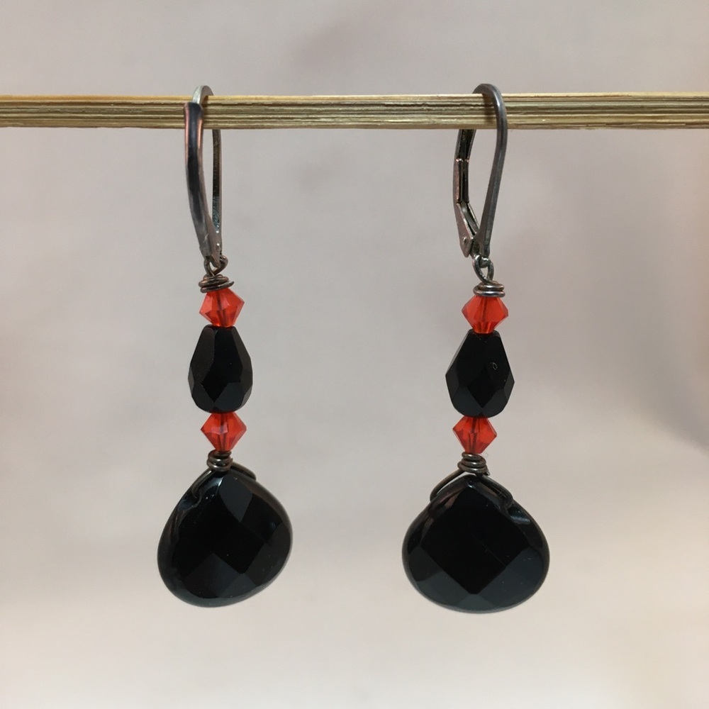 Black and Orange Briolette Faceted Drop Earrings